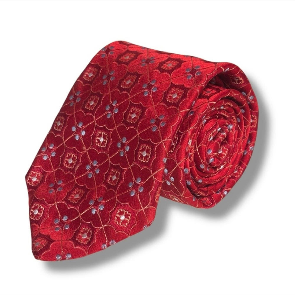 TED BAKER LONDON Red Woven Silk Tie Floral & Medallion Pattern